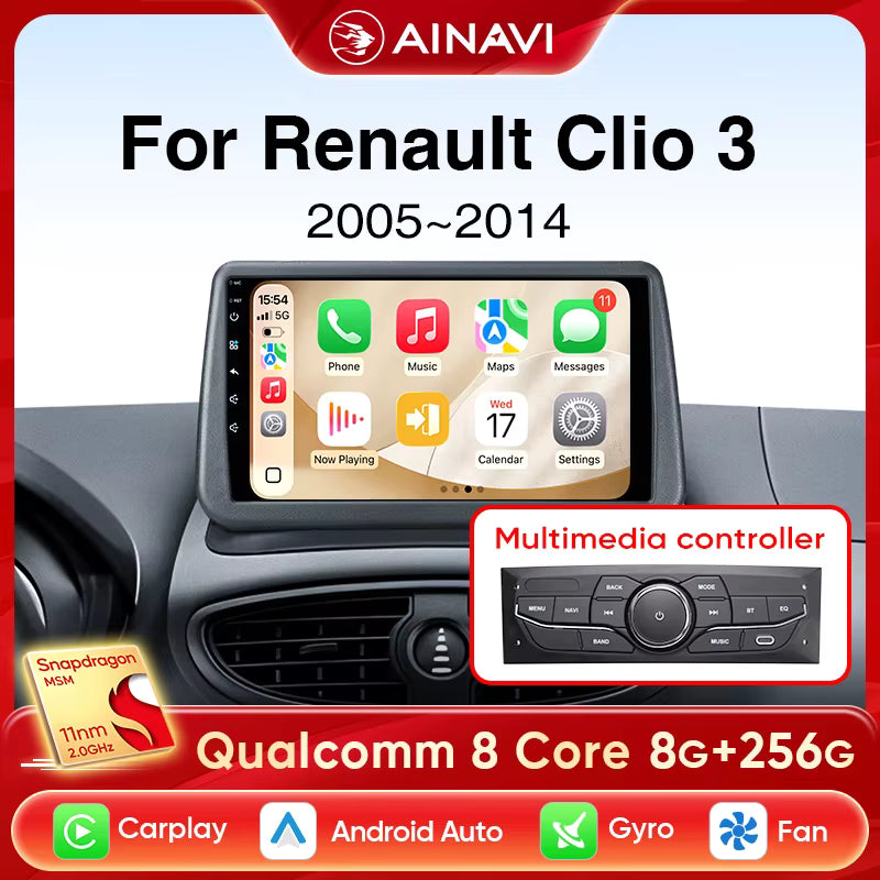 Ainavi autoradio pour Renault Clio 3 2005-2014 sans fil CarPlay Android Auto 4G lecteur multimédia Navigation GPS